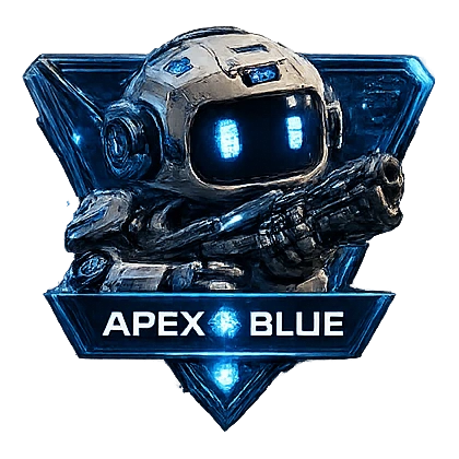 Apex Blue robot with shield and blaster badge