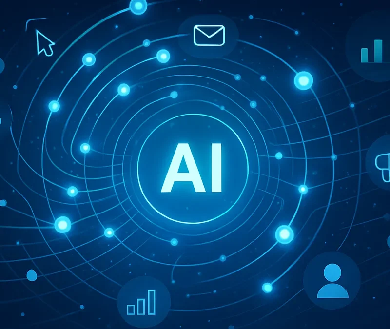 Abstract AI marketing illustration with glowing blue and purple network patterns